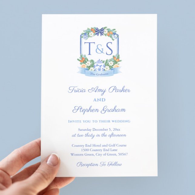 Elegant Blue White Citrus Vapensköld Helgdagar Brö Inbjudningar (Citrus Ginger Jar Holidays Wedding Watercolor Monogram Crest Invitation)