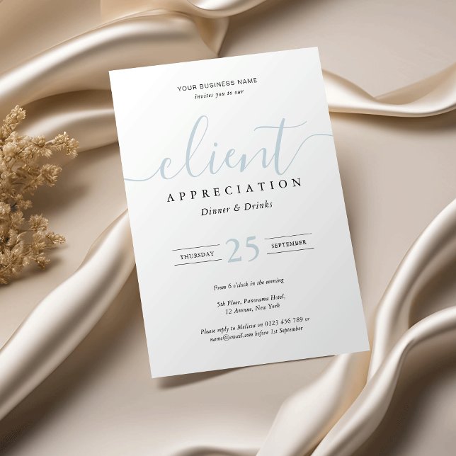 Elegant Blue & White Client Apprecition Business Inbjudningar (Elegant client appreciation event business invitations in pastel blue and white)