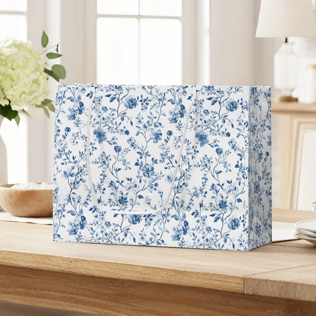 Elegant Blue & White Floral Toile Botanical (Elegant blue toile pattern large gift bag - a timeless classic that's perfect for gifting!)