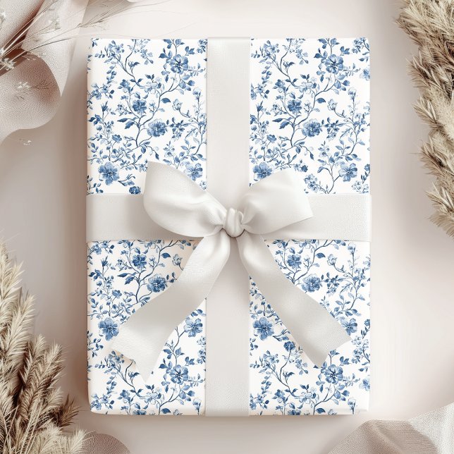 Elegant Blue & White Floral Toile Botanical Presentpapper (Elegant toile pattern in blue and white - the perfect wrap for your gifts!)