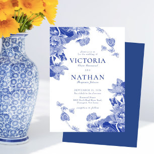 Elegant Blue White Flower Chinoiserie Chic Bröllop Inbjudningar