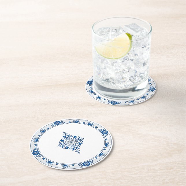 Elegant: Blue White Flower chinoiserie stil Underlägg Papper Rund (Insitu)