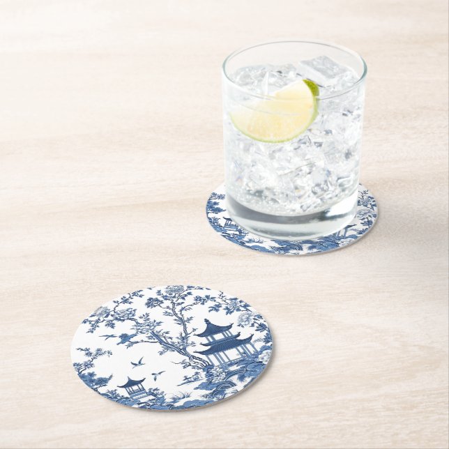 Elegant: Blue White Flower chinoiserie stil Underlägg Papper Rund (Insitu)