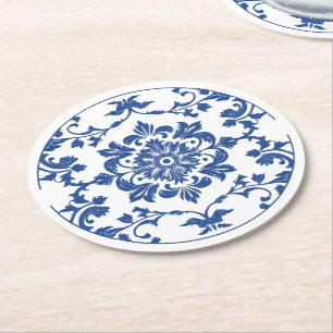 Elegant: Blue White Flower chinoiserie stil Underlägg Papper Rund