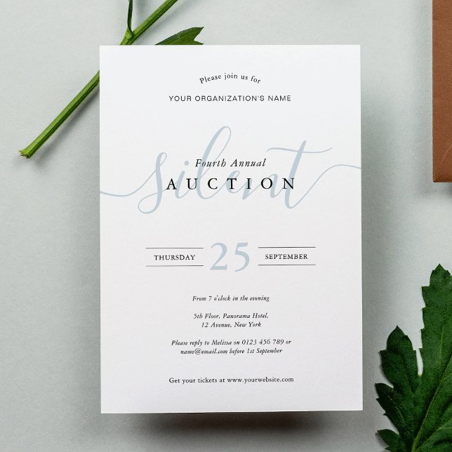 Elegant Blue & White Fundraiser Silent Auction Inbjudningar (Elegant modern white and dusty blue calligraphy script invitation design)