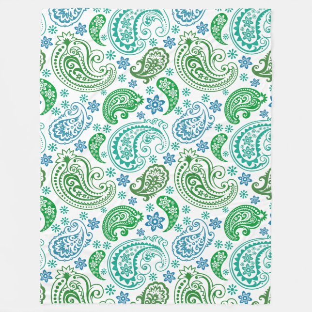 Elegant Blue White & Grönt Vintage Paisley Fleecefilt (Framsidan)