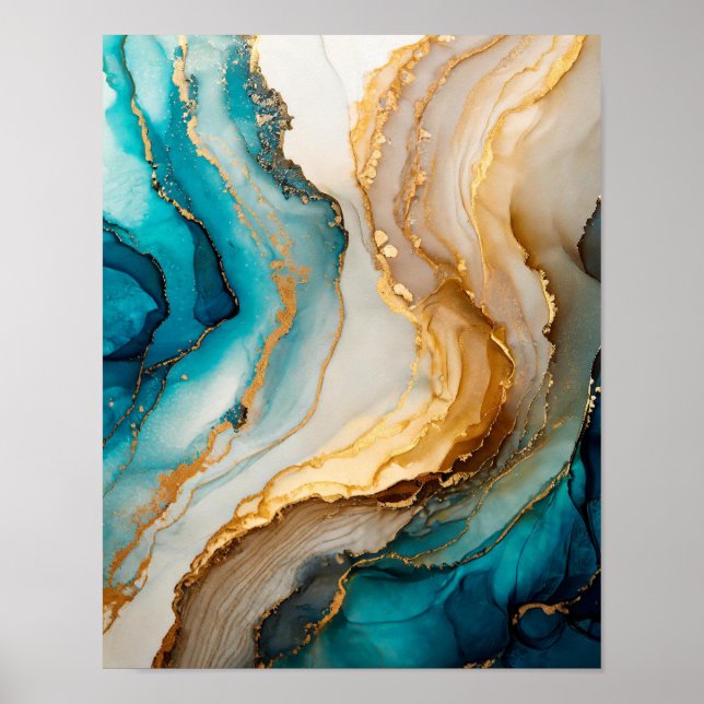 Elegant Blue White Guld Chic Agate Marble Poster (Framsidan)