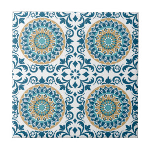 Elegant Blue White Guld Mediterranean Ornate Kakelplatta