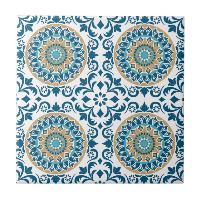 Elegant Blue White Guld Mediterranean Ornate Kakelplatta (Framsidan)