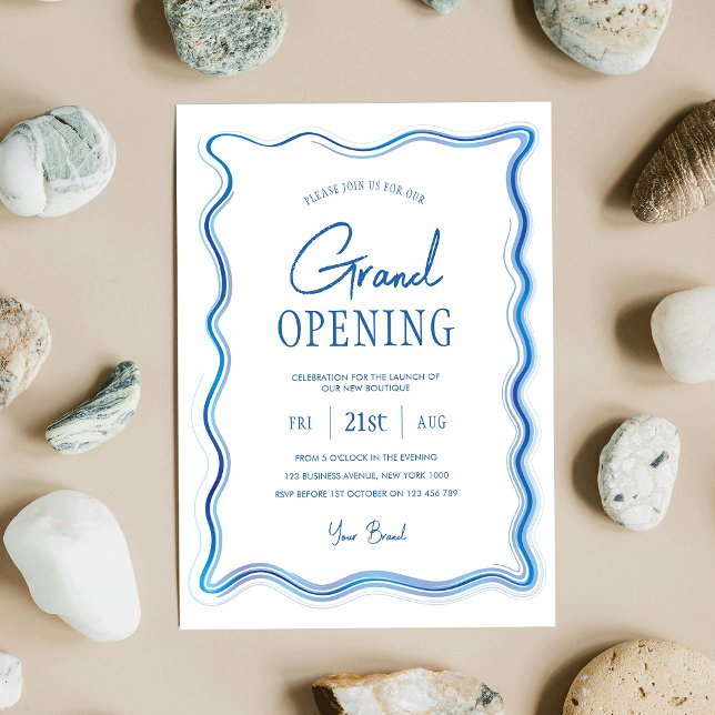 Elegant Blue & White Hand plockade Logotyp Grand O Inbjudningar (Elegant business grand opening event invitation design with blue watercolor frame and modern fonts)