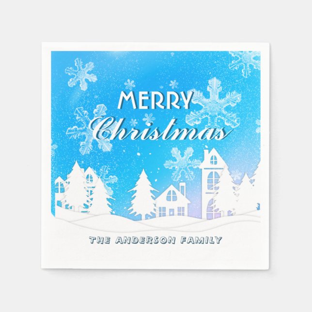 Elegant Blue White House Snöflingor God jul Pappersservett (Framsidan)
