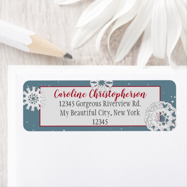 Elegant Blue White Hund Cat Snowflake-jul Returadress Etikett (Insitu)