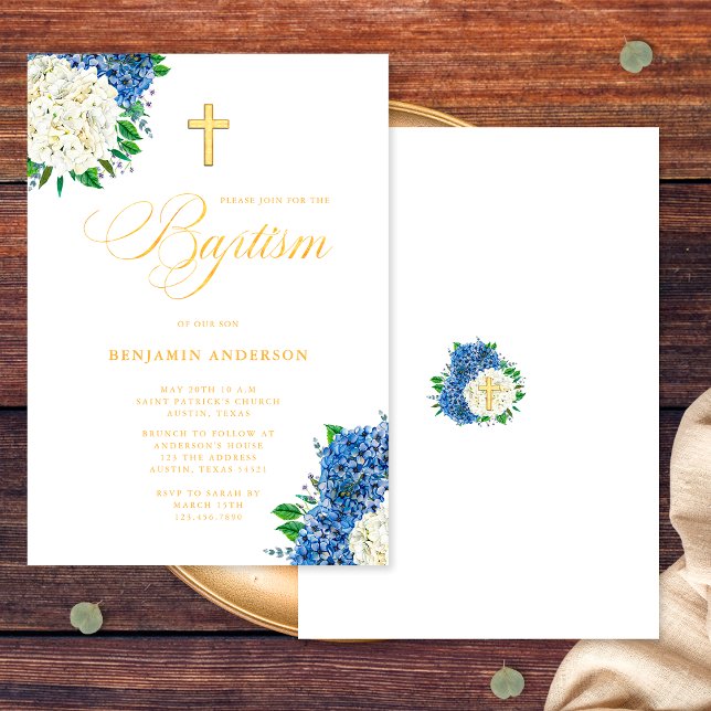 Elegant Blue White Hydrangeas Guld Kor Baptism Inbjudningar (Front/Back)