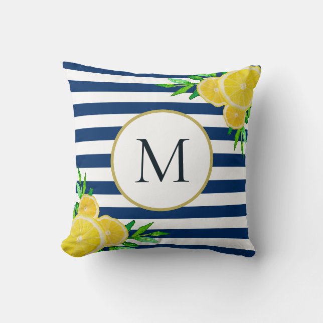 Elegant Blue White Rand Sommar Lemon Monogram Kudde (Framsida)