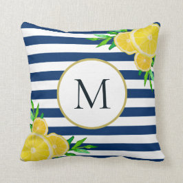 Elegant Blue White Rand Sommar Lemon Monogram Kudde
