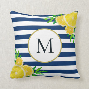 Elegant Blue White Rand, sommarlexig Monogram Kudde