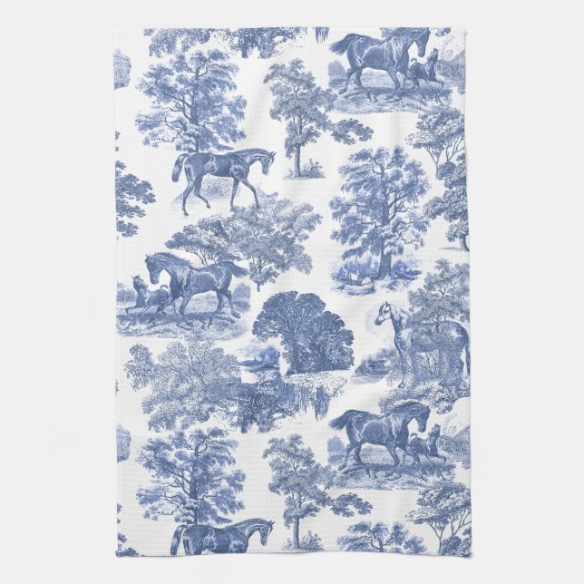 Elegant Blue White Rustic Horses Toile Kökshandduk (Vertikal)