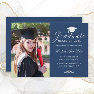 Elegant Blue White Script Cap Photo Studenten Meddelande