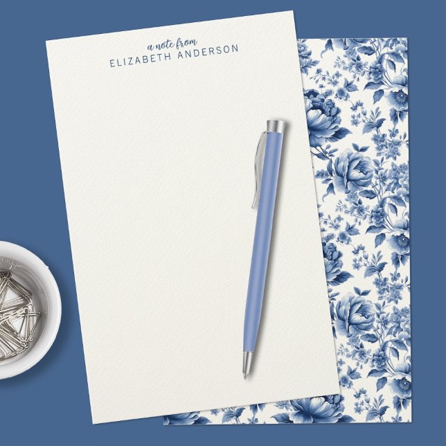 Elegant Blue White Vintage Rose Floral Brevpapper (Personalize this beautiful blue and white floral stationery with your name.)