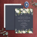 Elegant Blue & White Watercolor Blommigt Bröllop Inbjudningar<br><div class="desc">Denna vackra, romantiska, vita blommigt, grön inbjudan till fotobröllop har en stor grey droppe överst som består av en kraftig samling av eukalyptus greenery och vit ros, hydrangeas och andra vita blommor. En liknande arrangemang placeras grund i formgivningen, och elegant i den moderna inbjudningstexten från stil anpassas till formgivningen i...</div>