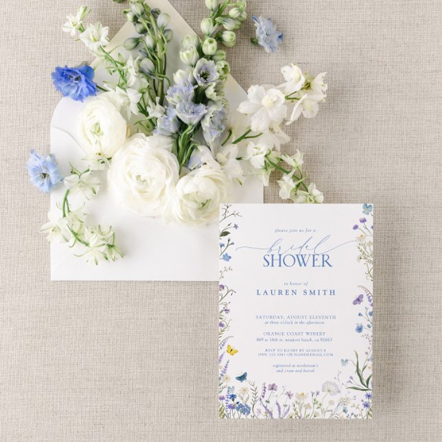Elegant Blue Wildblomma Blommigt Möhippa Inbjudningar (Join us for a blue wildflower bridal shower!)
