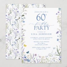 Elegant Blue Wildblomma Vuxen 60:e Födelsedagsfest Inbjudningar