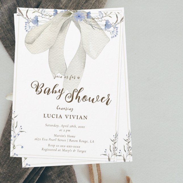 Elegant Blue Wildblommor Coquette Bow Baby Shower Inbjudningar (Skapare uppladdad)