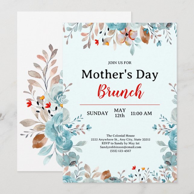 Elegant Blue Wildblommor Mint Mors dag Brunch Inbjudningar (Fram/baksida)