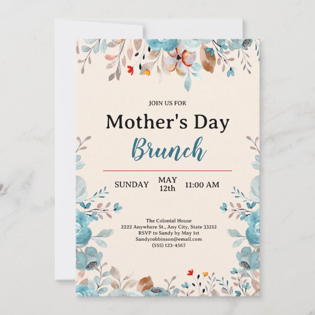 Elegant Blue Wildblommor Tan Mors dag Brunch Inbjudningar (Framsida)