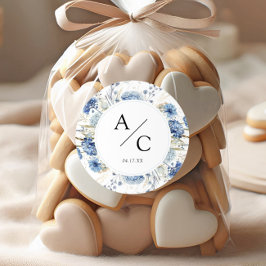 Elegant Blue Wildblommor Watercolor Blommigt Bröll Runt Klistermärke