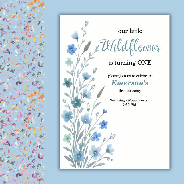 Elegant Blue Wildflower 1st Birthday Party Inbjudningar (Skapare uppladdad)