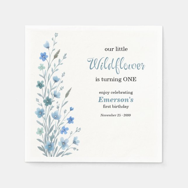 Elegant Blue Wildflower 1st Birthday Party Pappersservett (Framsidan)