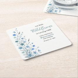 Elegant Blue Wildflower 1st Birthday Party Underlägg Papper Kvadrat
