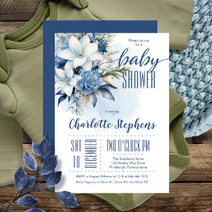 Elegant Blue Winter Blommigt Boy Shower Inbjudningar