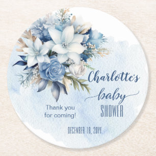 Elegant Blue Winter Blommigt Boy Shower Underlägg Papper Rund