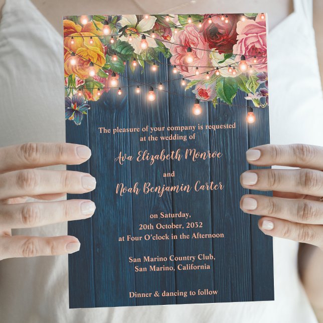 Elegant Blue Wood Floral String Lights Wedding Inbjudningar (Elegant Blue Wood Floral String Lights Wedding Invitation)