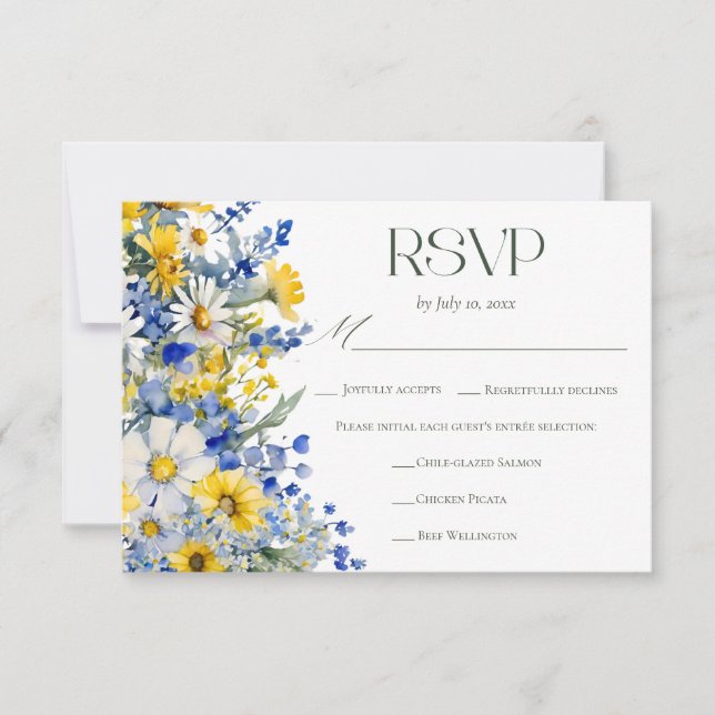 Elegant Blue Yellow Wildflower Wedding Meal Choice OSA Kort (Framsida)
