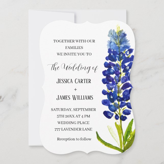 Elegant Bluebonnet Texas Watercolor Blommigt Bröll Inbjudningar (Framsida)