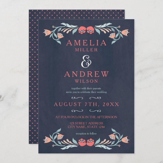 Elegant Bluish Chalkboard Blommigt Bröllop Inbjudningar (Fram/baksida)