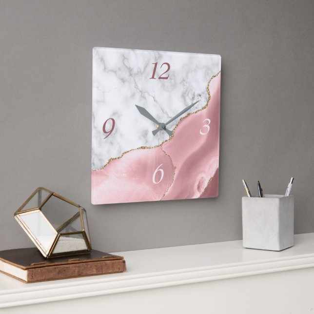 Elegant Blush Agate Guld Glitter Marmor Fyrkantig Klocka (Kontor)