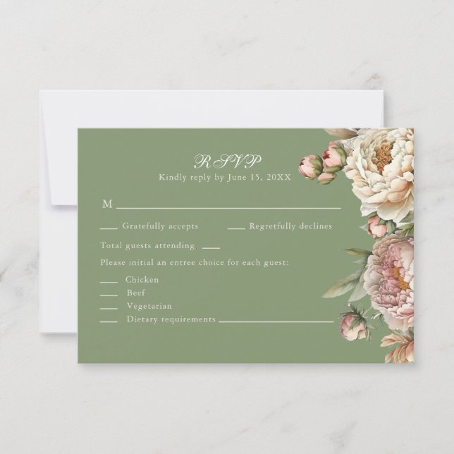 Elegant Blush and Sage Green Peonies RSVP Card OSA Kort (Framsida)