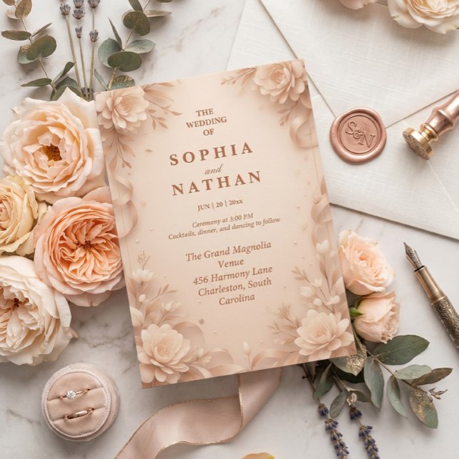 Elegant Blush Blommig Bröllopsinbjudan  Inbjudningar (Skapare uppladdad)