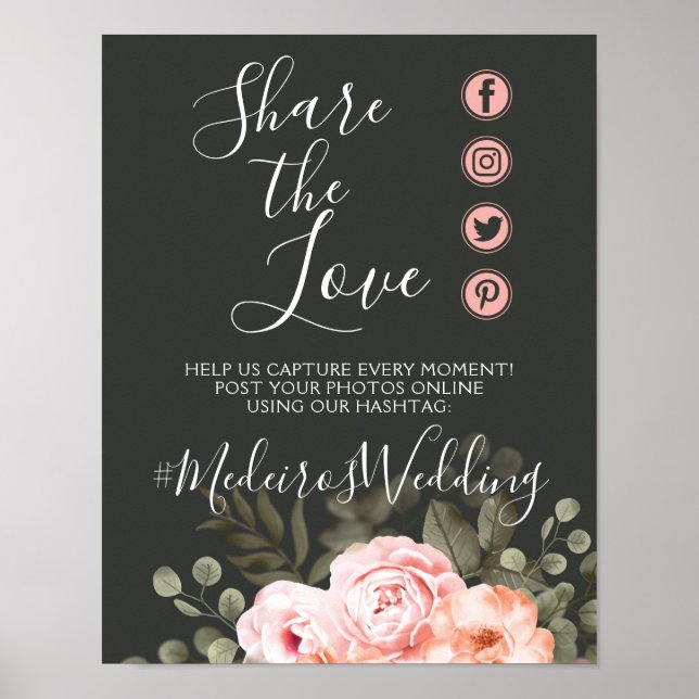 Elegant Blush Bröllop Hashtag Fotoskylt Poster (Framsidan)