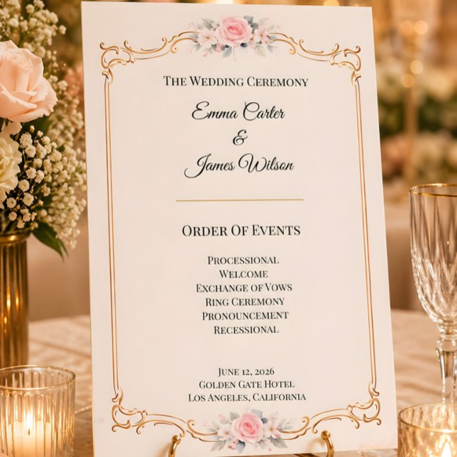 Elegant Blush Bröllopsceremoni Program (Rococo themed wedding order of events card)