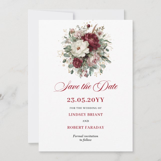 Elegant Blush Burgundy Blommig Spara Datum-kort Datumet (Framsida)
