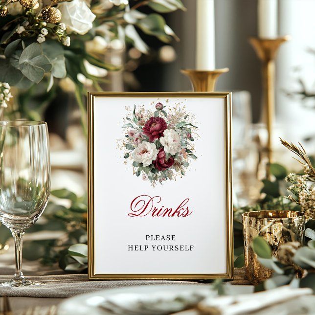 Elegant Blush Burgundy Drycker 8x10 Skylt för Bröl (Elegant Blush Burgundy Drinks 8x10 Sign for Bridal)