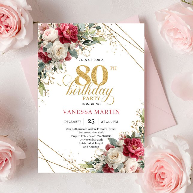 Elegant Blush Burgundy Floral 80th Birthday Invite Inbjudningar (Elegant Blush Burgundy Floral 80th Birthday Invite)