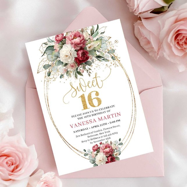 Elegant Blush Burgundy Greenery Sweet 16 Birthday  Inbjudningar (Elegant Blush Burgundy Greenery Sweet 16 Birthday Invite)