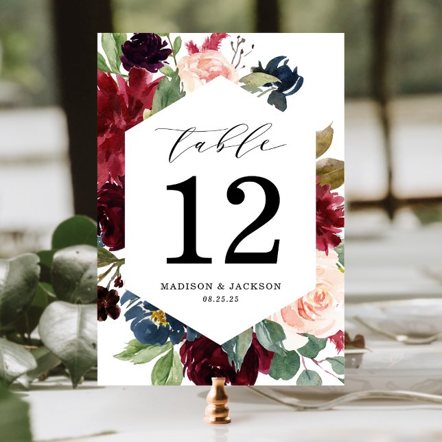 Elegant Blush Burgundy och Navy Blommig Bröllopsfe Bordsnummer (Skapare uppladdad)