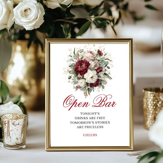 Elegant Blush Burgundy Öppen Bar 20x25 cm Skylt (Elegant Blush Burgundy Open Bar 8x10 Sign)